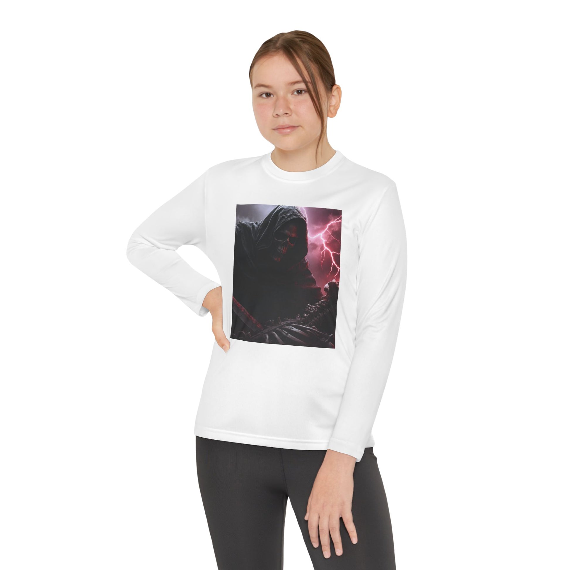 Youth Long Sleeve Tee with Dark Fantasy Design, Perfect for Halloween, Everyday Wear, Anime Fans, Gaming, and Casual Events